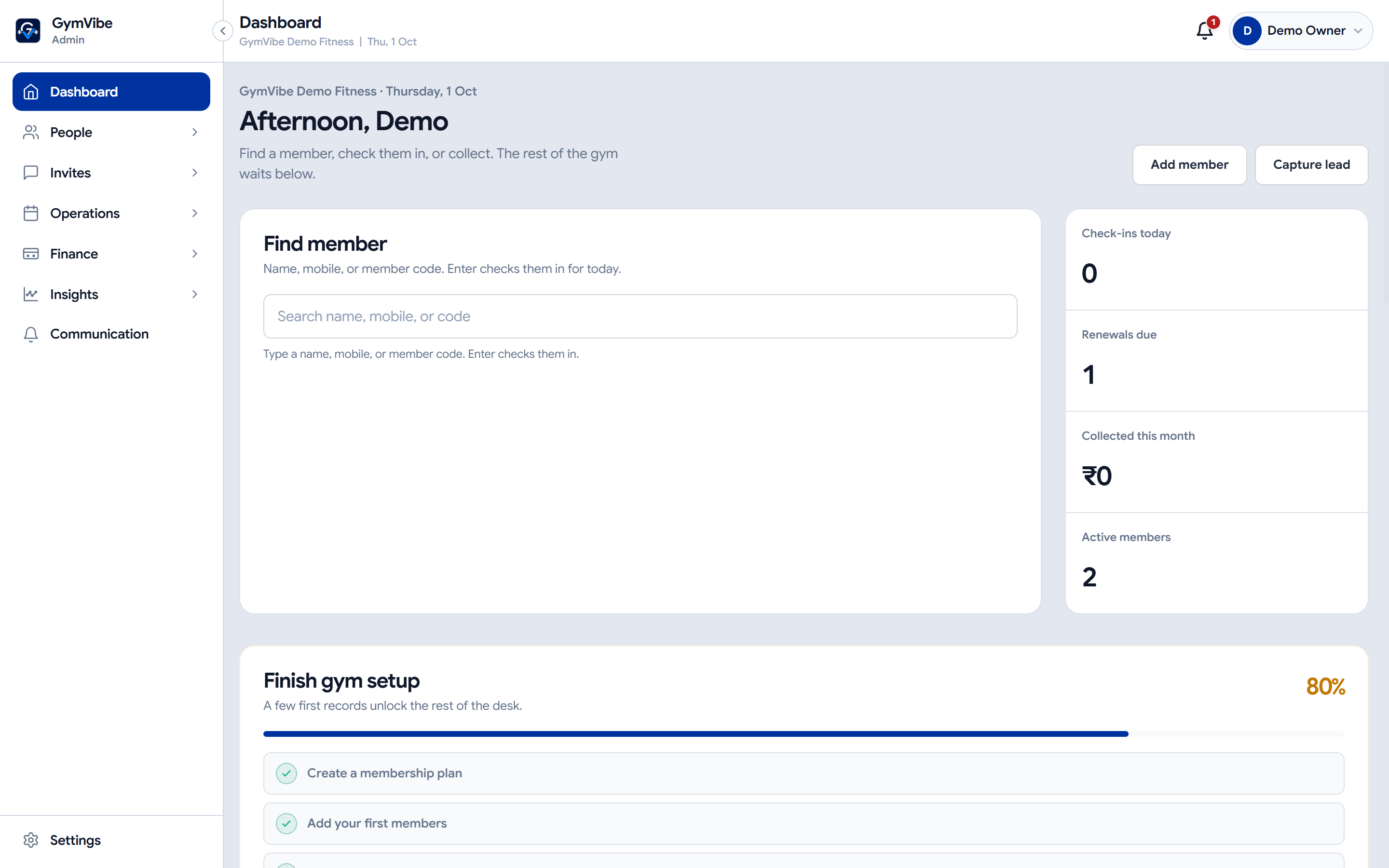 GymVibe owner dashboard with member search for check-in, today's check-ins, renewals due, money collected this month, active members and the gym setup checklist