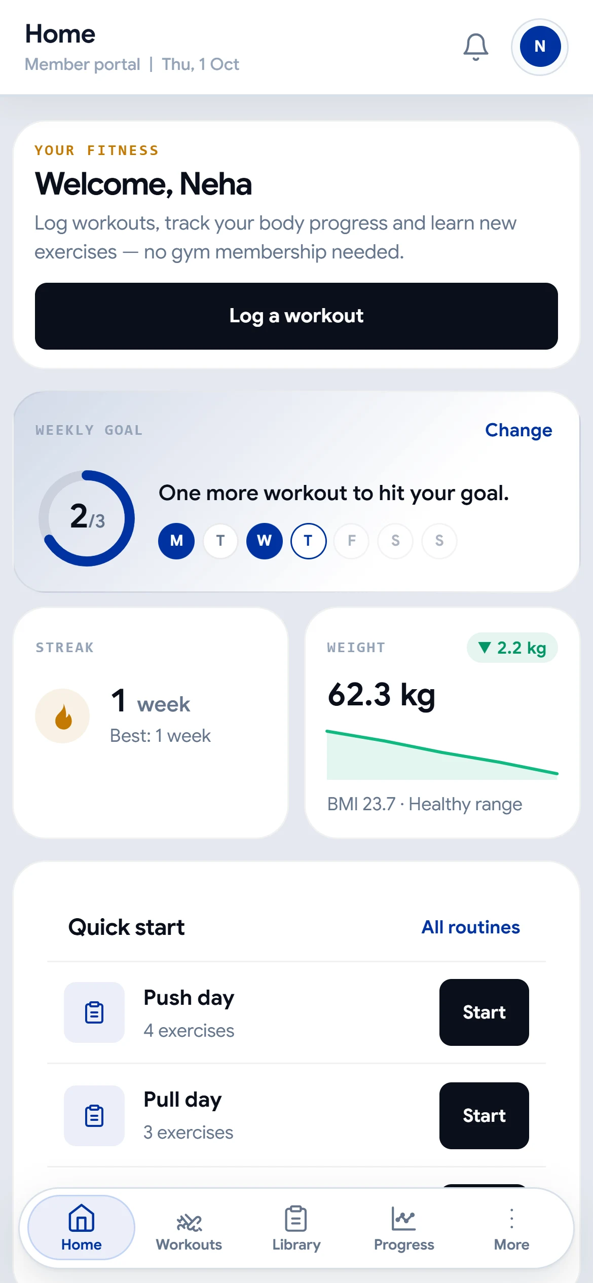 GymVibe solo home screen with weekly goal, training streak, weight trend and quick-start routines